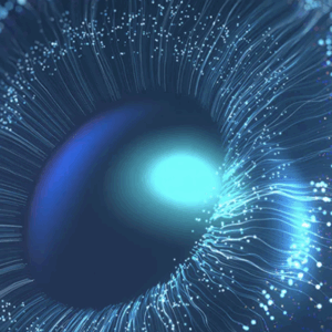 Abstract representation of a glowing blue eye, surrounded by streams of light and dots, suggesting technology or futuristic concepts.